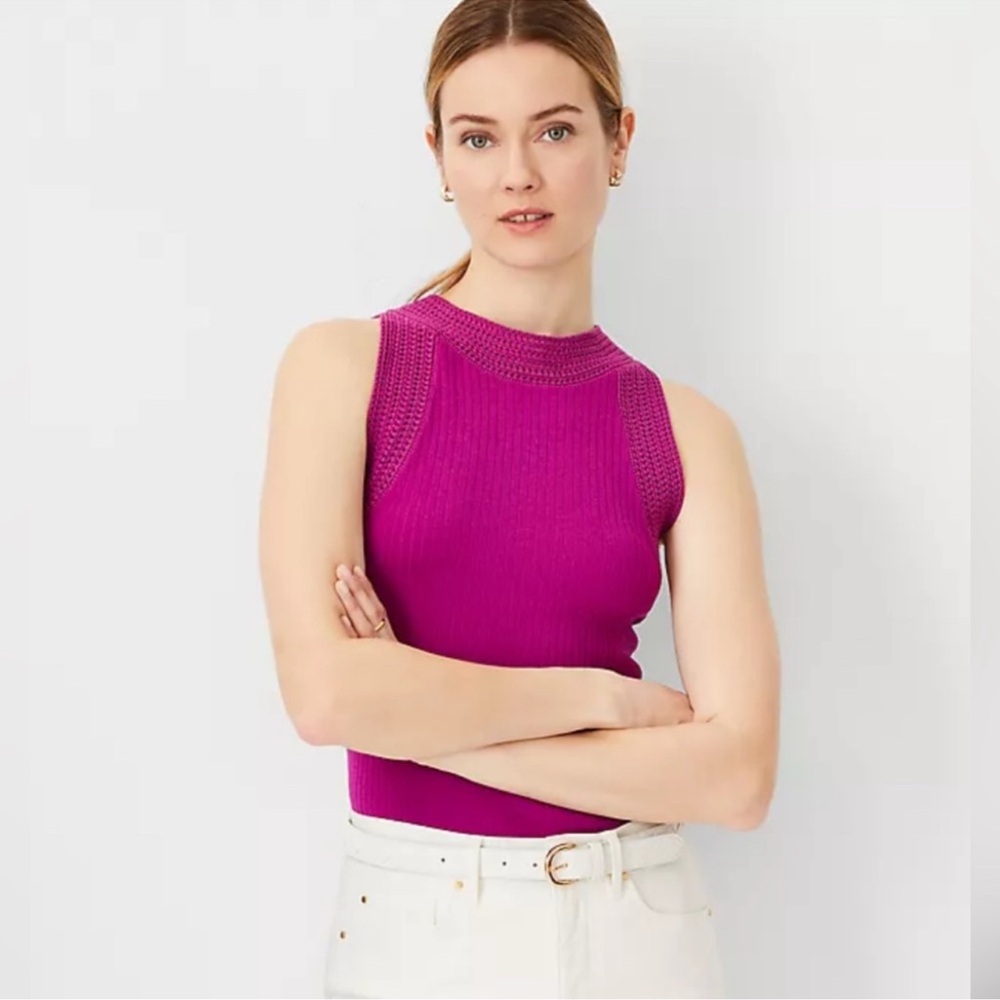 Ann Taylor Magenta Shadow Crochet Trim Halter Ribbed Knit top blouse size large